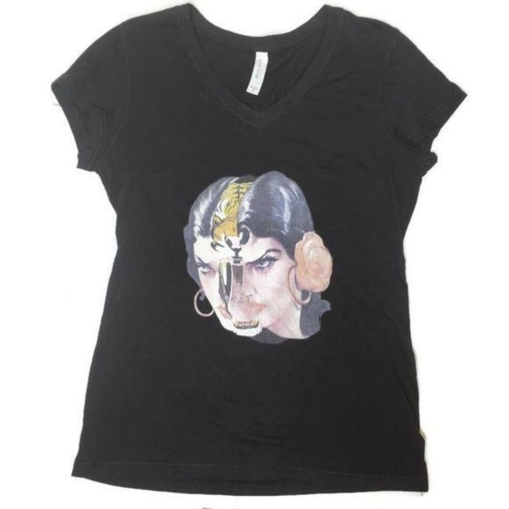 Bella+Canvas Womens V-Neck Graphic Tee With Tiger & Woman Art 2000s y2k medium